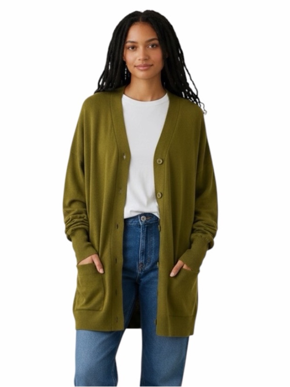 COS Women's M Wool Oversized Cardigan Olive Green V-neck Pockets